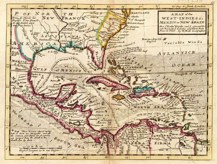 Mapa británico de las Indias Occidentales (1736) / Fuente: Wikimedia Commons.