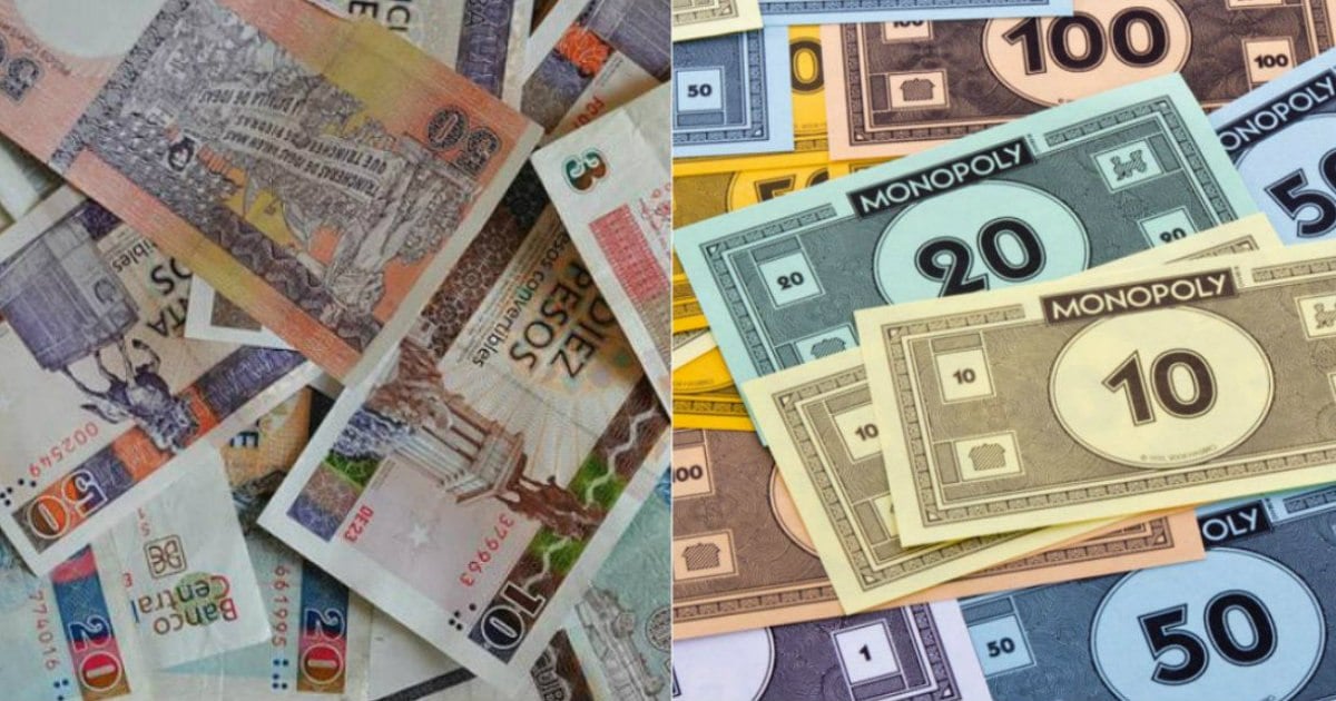 1) Moneda libremente convertible (CUC), ya fuera de circulación. 2) Dinero del Monopoly / Imagen: Cortesía de la autora
