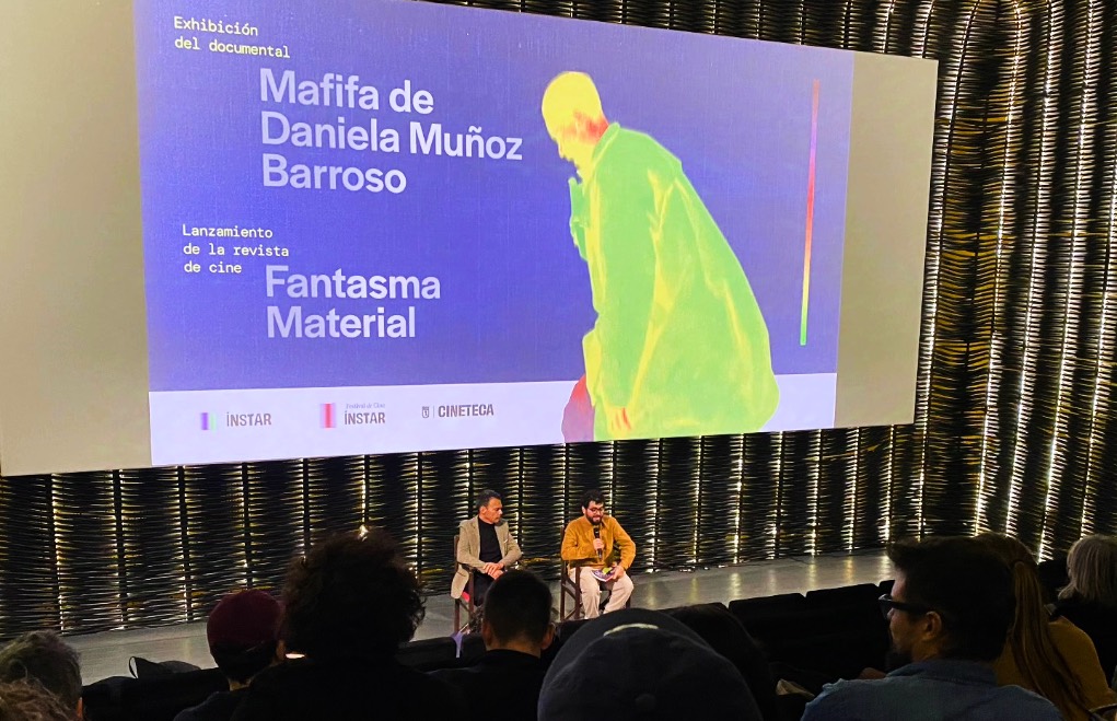 Dean Luis Reyes y José Luis Aparicio durante la presentación de ‘Fantasma Material’ en la Cineteca de Madrid, octubre de 2024