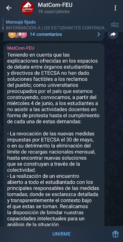 Mensaje por Telegram de los estudiantes de la Facultad de Matemática y Computación de la Universidad de La Habana