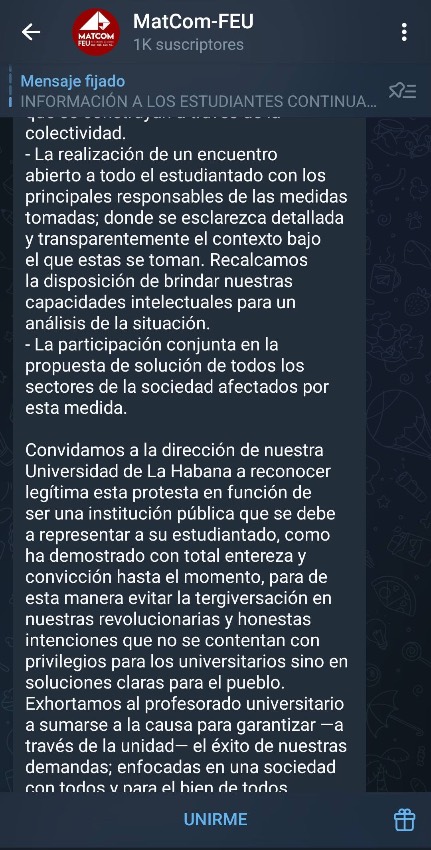Mensaje por Telegram de los estudiantes de la Facultad de Matemática y Computación de la Universidad de La Habana