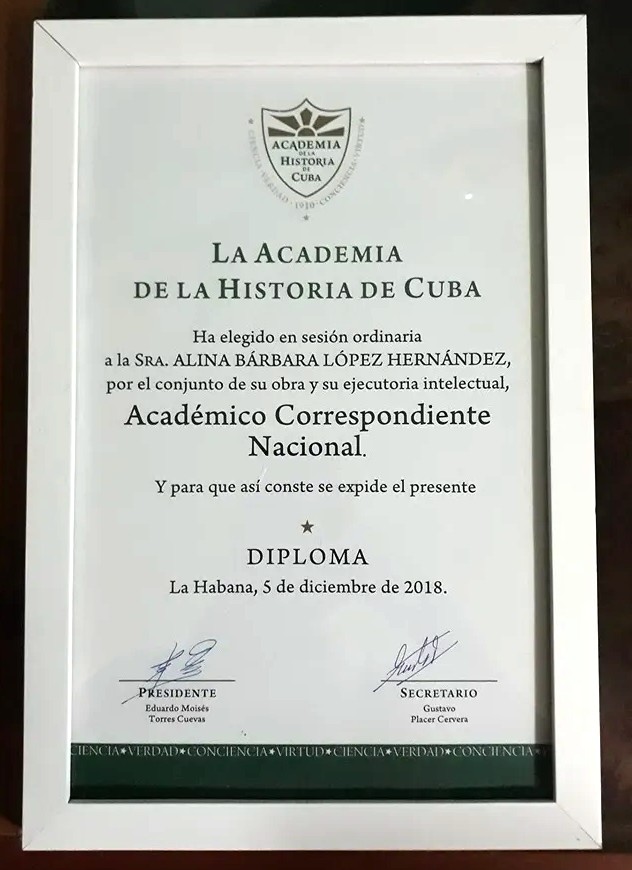 Reconocimiento de la Academia de la Historia de Cuba (2018).