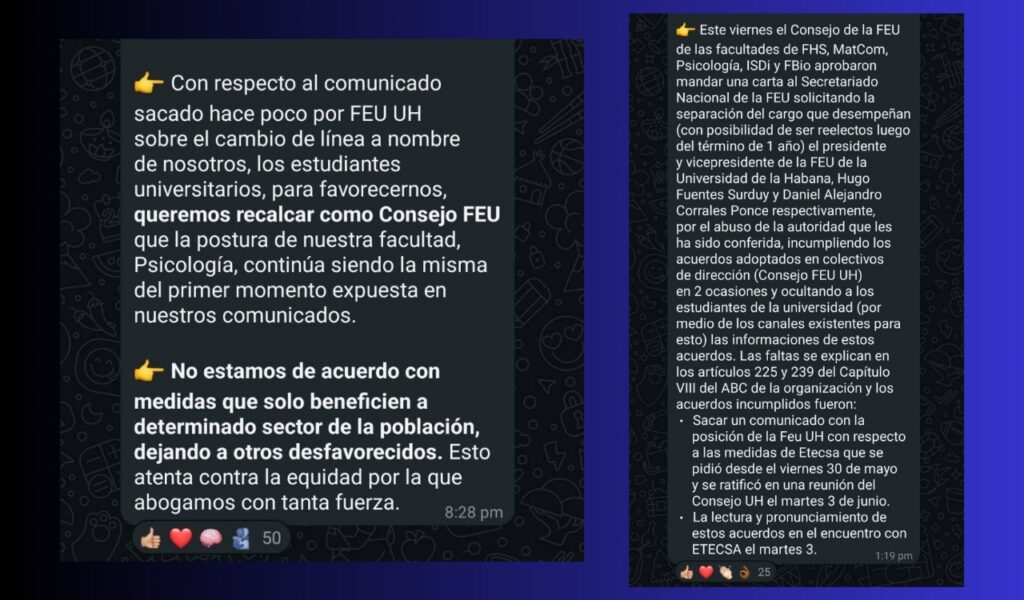 Capturas de pantalla de grupo de WhatsApp de estudiantes de la Universidad de La Habana. 