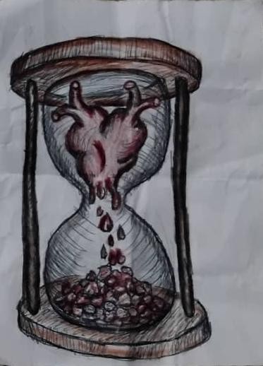 Dibujo realizado por Luis Manuel Otero Alcántara en prisión. En el dorso de la hoja se lee este statement: “El reloj se quedó sin arena; usa un corazón. Cada grano que se desprende del órgano es un segundo que pasa. Termina el día; toca invertir la burbuja de cristal. Para ese momento, nadie sabrá de dónde salió la arena” / Foto de cortesía del artista.