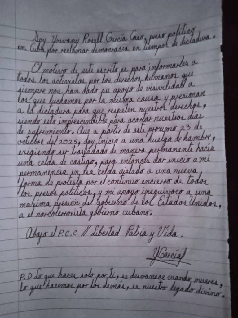 Carta de Yosvany Rosell en la que explica sus razones para hacer su última huelga de hambre / Foto: Facebook Mailín Sánchez
