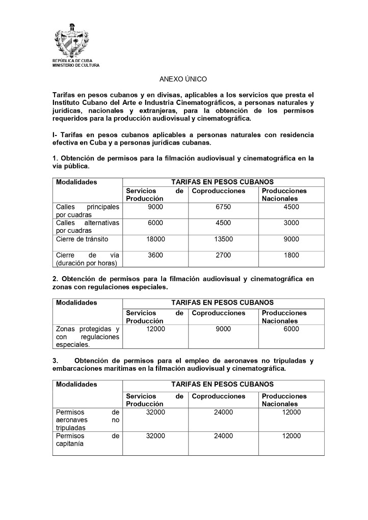 Tarifas para la producción de cine en CUBA, según la propuesta de Resolución 61 que circulo públicamente en enero de 2026