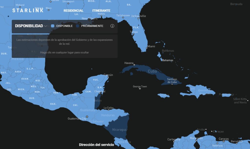 El mapa oficial de cobertura de Starlink muestra a Cuba como «no disponible» / Captura del 21 de abril de 2026.