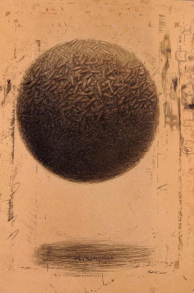 ‘Petromundo’ (2005; creyón sobre masonita, 175 x 122 cm), de Roberto Fabelo