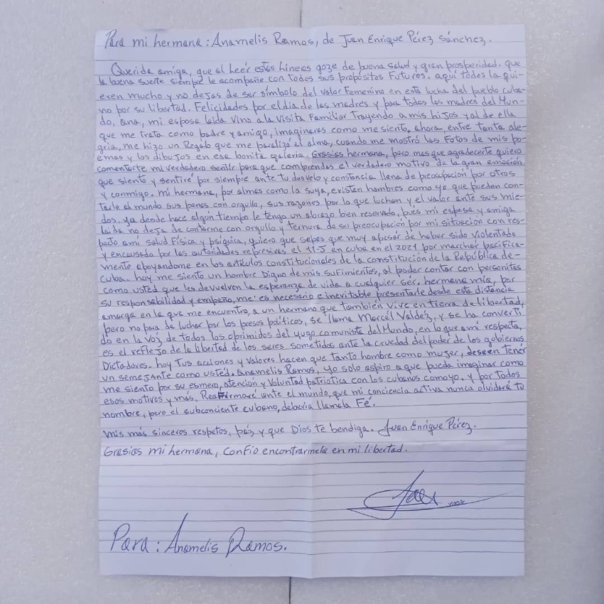 Carta de Juan Enrique Pérez enviada a Anamely Ramos
