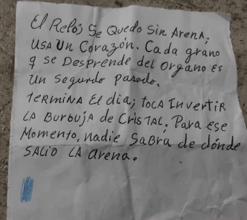 Poema escrito por Luis Manuel Otero en el reverso de su dibujo del reloj de arena, sacado clandestinamente de la prisión de Guanajay