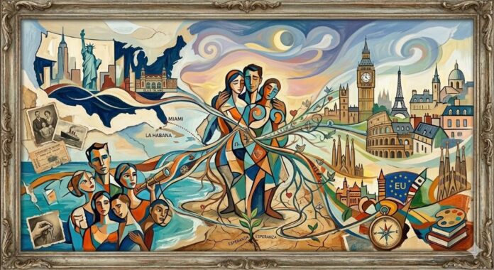 Cuba, familia y emigración (ilustración IA)